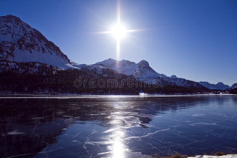 The frozen lake of st moritz in the swiss alps. The frozen lake of st moritz in the swiss alps