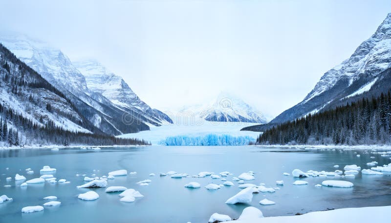 Lago congelato di una montagna di neve e foresta illustrazione di stock