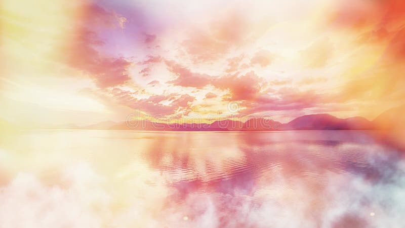 Lago da paisagem do pôr do sol com lindas nuvens ao fundo. fundo claro. ilustração do vetor