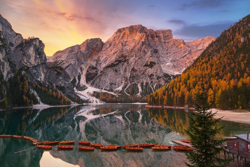 Lago Di Braies Lake And Seekofel Peak At Sunrise Dolomites Italy