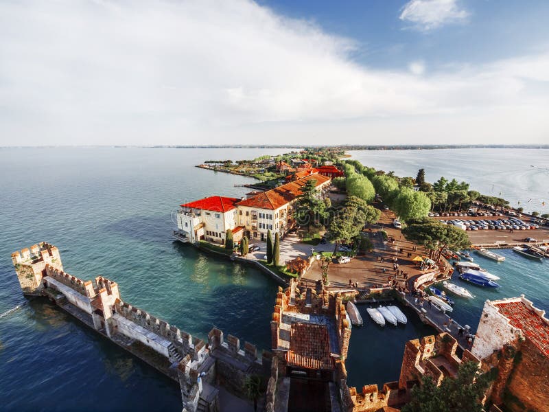 Aerial wide angle view of the Scaliger castle of Sirmione, Lake Lago Di Garda, Italy / Sirmione town /.