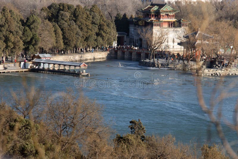 High angle view of Kunming Lake in the Summer Palace in Beijing, China, in winter with Chinese-style pavilions in the distance. High angle view of Kunming Lake in the Summer Palace in Beijing, China, in winter with Chinese-style pavilions in the distance