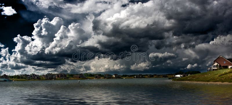 Panoramic landscape shot of a lake in michigan during a stormy day. Panoramic landscape shot of a lake in michigan during a stormy day