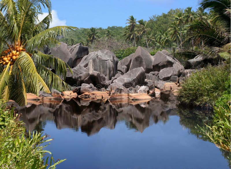 Lago tropicale, palme, rocce. fotografie stock Lago tropicale, palme, rocce. fotografie stock
