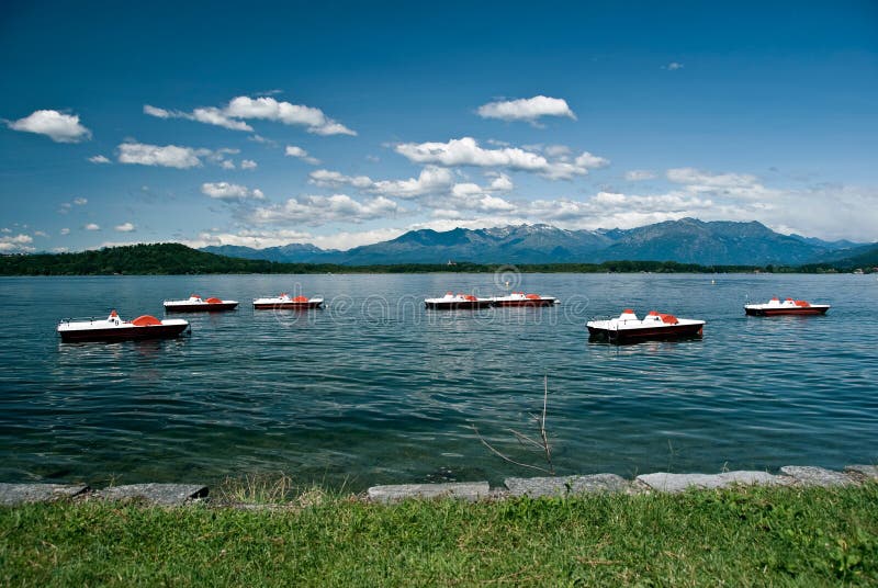 Lago Viverone with pedalos, Piemonte, Italy. Lago Viverone with pedalos, Piemonte, Italy