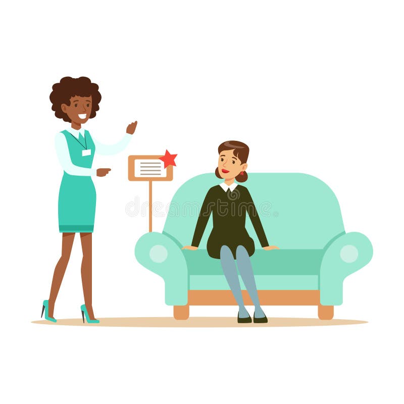 Lagra säljarevisningblått Sofa To Woman som ler shopparen i möblemang, shoppar shopping för husdekorbeståndsdelar stock illustrationer Lagra säljarevisningblått Sofa To Woman som ler shopparen i möblemang, shoppar shopping för husdekorbeståndsdelar stock illustrationer
