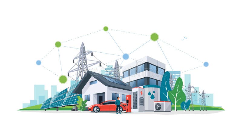 Lagringsnätverk för hållbara förnybara energibatterier i staden stock illustrationer