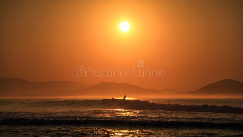 Surfer surfing at sunrise on the beautiful coast of the Chacahua National Park, Oaxaca, Mexico