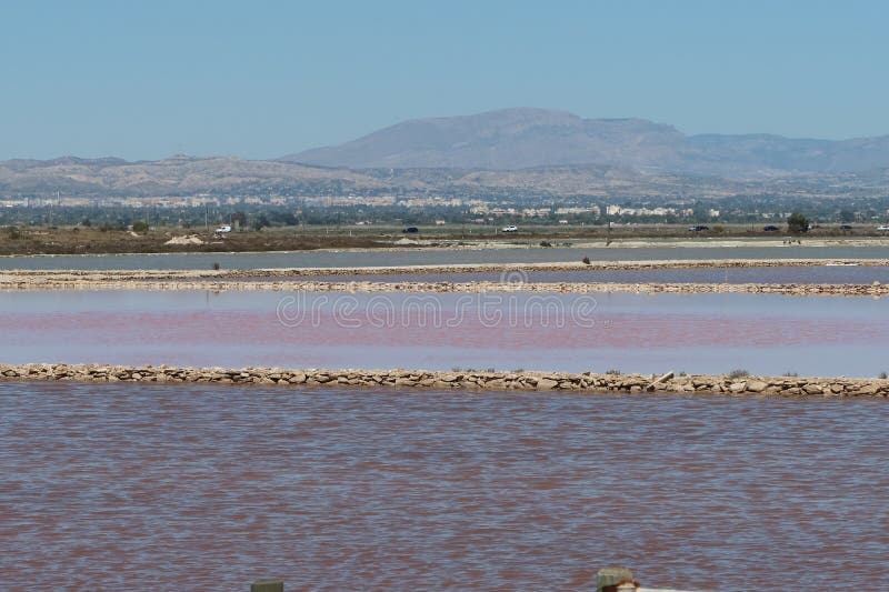 Salinas El Pinet, La Marina, Alicante, Spain, April 10, 2024: Lagoons of various colors with mountains in the background in the Salinas del Pinet, La Marina, Alicante, Spain. Salinas El Pinet, La Marina, Alicante, Spain, April 10, 2024: Lagoons of various colors with mountains in the background in the Salinas del Pinet, La Marina, Alicante, Spain