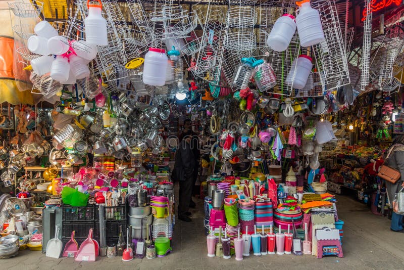 LAHIJAN, IRAN - APRIL 8, 2018: Household articles shop at the bazaar in Lahijan, Gilan province, Ir