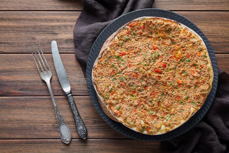 Lahmacun traditional turkish delicious armenian pizza with minced beef or lamb meat stock photo Lahmacun traditional turkish delicious armenian pizza with minced beef or lamb meat stock photo