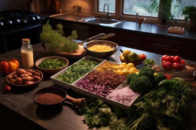 Lahpa Preparation Process with Ingredients Spread on a Kitchen Counter
