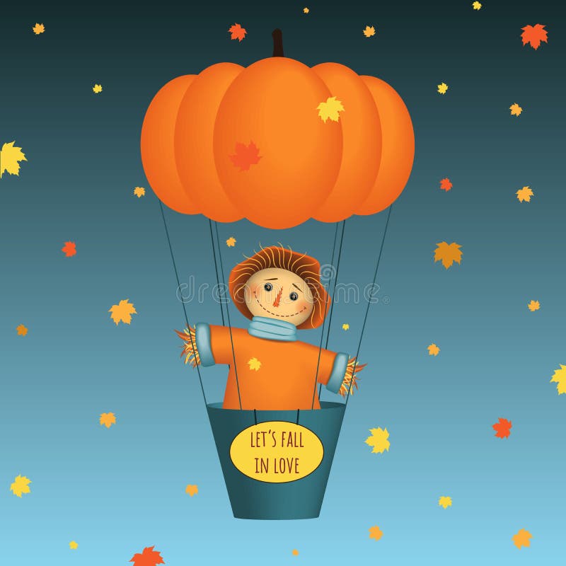 Laisse la chute dans l'amour - carte Vol d'épouvantail sur le ballon à air de potiron Feuilles d'automne sur le fond Illustration illustration libre de droits Laisse la chute dans l'amour - carte Vol d'épouvantail sur le ballon à air de potiron Feuilles d'automne sur le fond Illustration illustration libre de droits