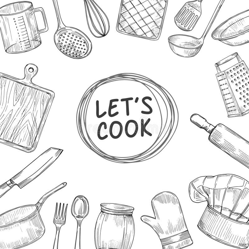 Laisse le cuisinier Cuisson du fond de croquis de classe de chef Illustration culinaire de vecteur de cru d'ustensiles de cuisine illustration stock Laisse le cuisinier Cuisson du fond de croquis de classe de chef Illustration culinaire de vecteur de cru d'ustensiles de cuisine illustration stock
