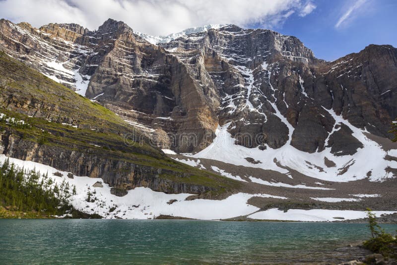 Lake Annette and Temple Mountain Peak Scenic Landscape near Lake Louise, Alberta, Banff National Park Canadian Rockies. Lake Annette and Temple Mountain Peak Scenic Landscape near Lake Louise, Alberta, Banff National Park Canadian Rockies