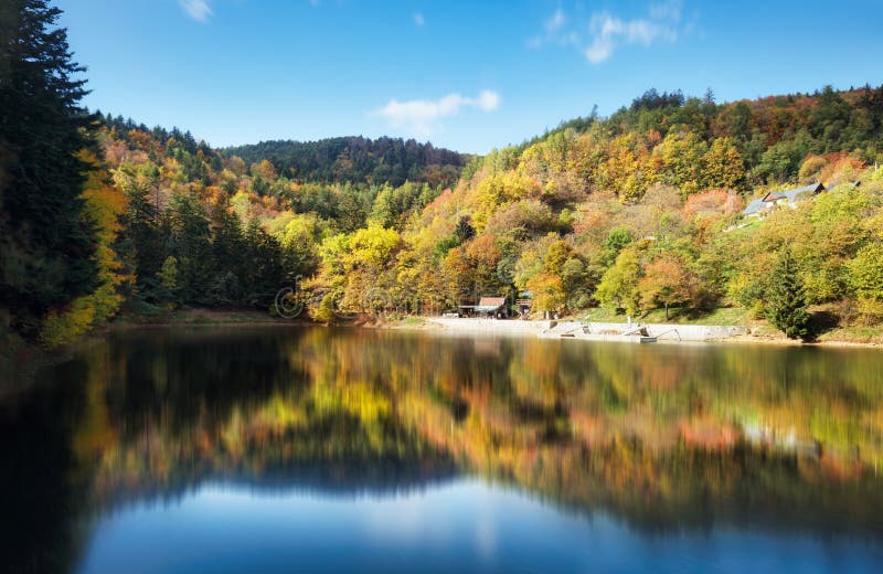 Lake with autumn forest reflection in water, Slovakia - Tajch Klinger