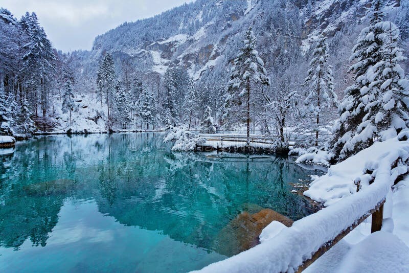 Lake Blausee at Winter, Switzerland Stock Image - Image of kandergrund ...