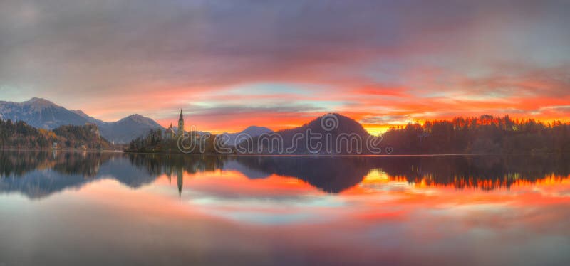 Lake Bled and Castle Bled, Slovenia - an autumn view during golden hour stock photo Lake Bled and Castle Bled, Slovenia - an autumn view during golden hour stock photo