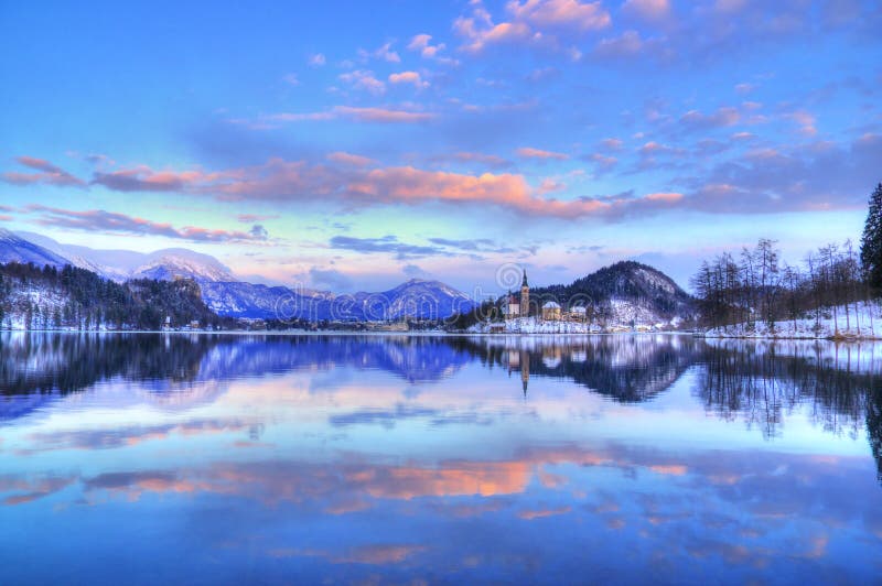 Lake Bled, The Church of the Assumption of the Virgin Mary, Bled Island, Slovenia - sunset in violet