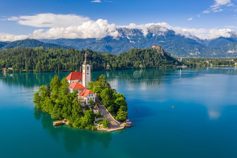 Lake Bled, Slovenia - Beautiful aerial view of Lake Bled Blejsko Jezero with the Pilgrimage Church of the Assumption of Maria