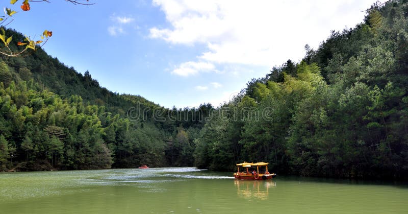Lake with boat, inside Tianzhu mountains, AnHui province, China