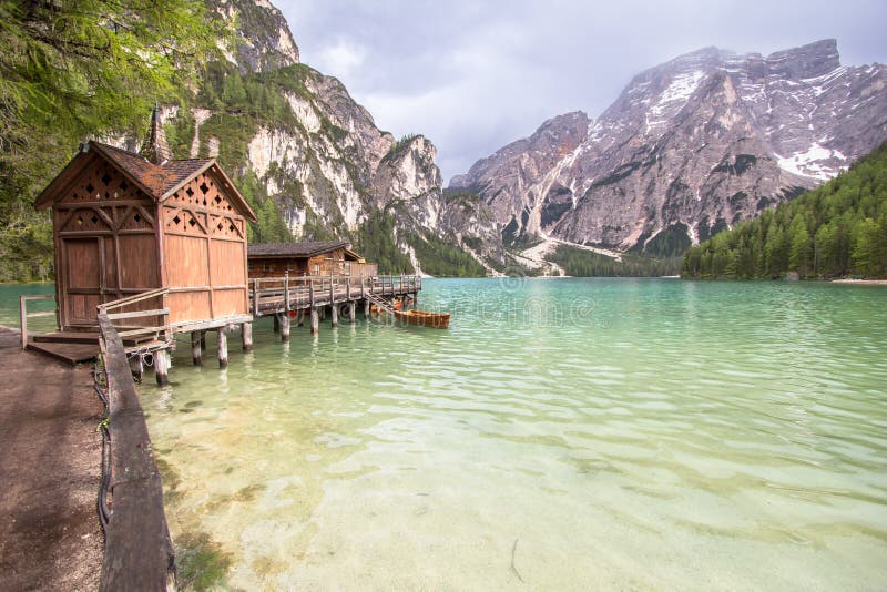 Lake Braies In Dolomites Italy Stock Photo Image Of Mountains House