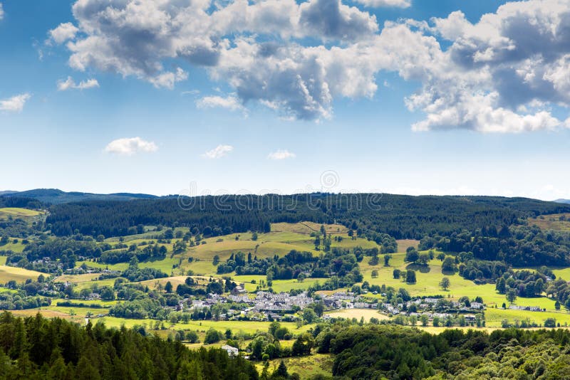 Lake District countryside view to Hawksheadvillage England uk stock image Lake District countryside view to Hawksheadvillage England uk stock image