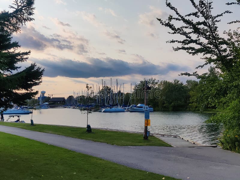 Lake front with boasts royalty free stock photo