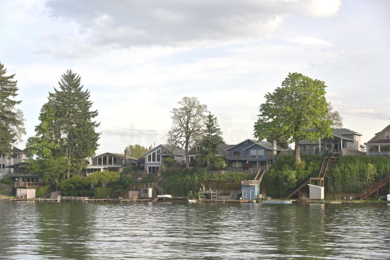 Lake front properties and lake Oregon. stock photography