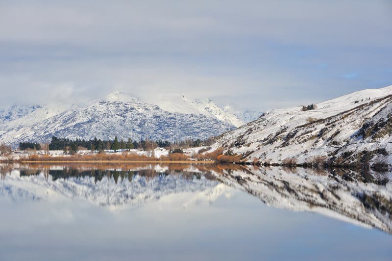 Lake Hayes with Snow Mountain Reflections Stock Image Image of