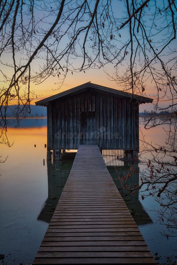 Lake Houses at Lake Kochel in the Bavarian Alps, Germany Stock Photo