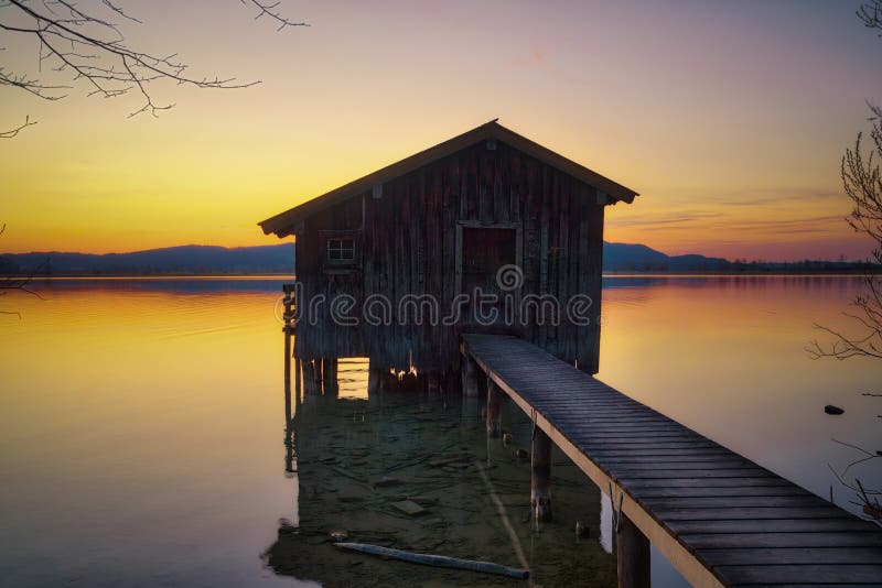 Lake Houses at Lake Kochel in the Bavarian Alps, Germany Stock Photo