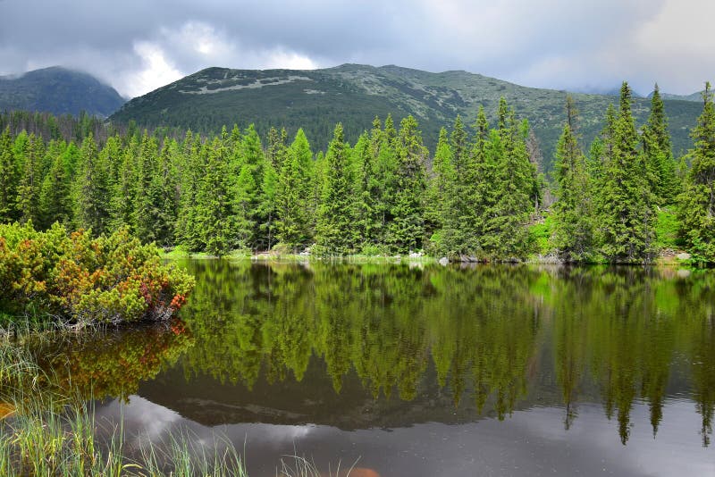 The lake Jamske pleso in the High Tatras, with mountains in the background. A reflection in the lake.Slovakia