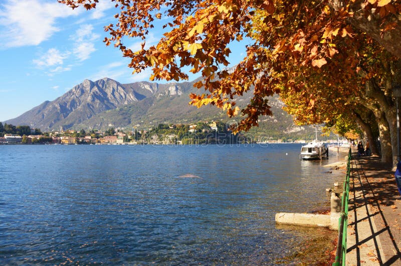 Lake Lecco in fall, Italy stock image. Image of buildings 83890693
