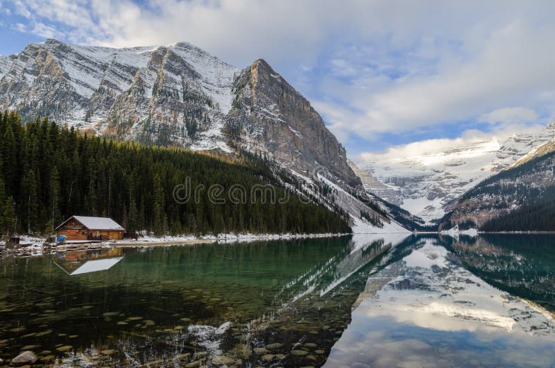 Lake Louise with rocky mountain reflection in the Banff National Park, Canada