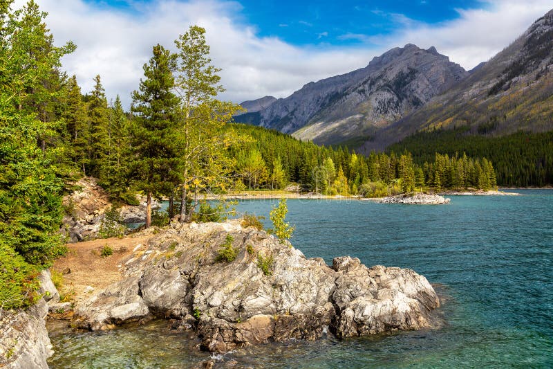 Lake Minnewanka in Banff stock images