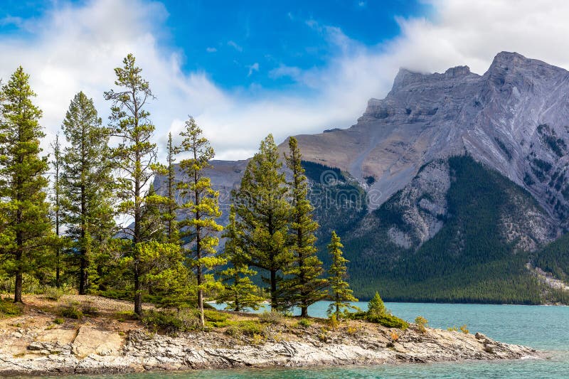 Lake Minnewanka in Banff vector illustration
