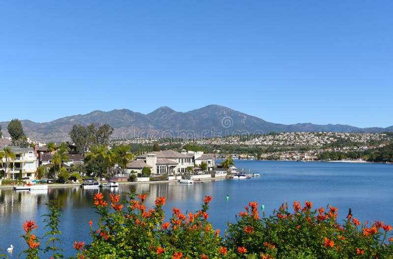 Lake Mission Viejo in Orange County. MISSION VIEJO, CA - JANUARY 23, 2018: Lake Mission Viejo sign. 5 miles south of Santiago Peak in the Santa Ana Mountains stock images Lake Mission Viejo in Orange County. MISSION VIEJO, CA - JANUARY 23, 2018: Lake Mission Viejo sign. 5 miles south of Santiago Peak in the Santa Ana Mountains stock images