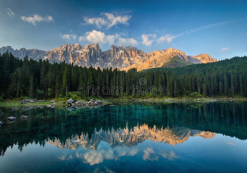 Lake with mountain forest landscape, Lago di Carezza.
