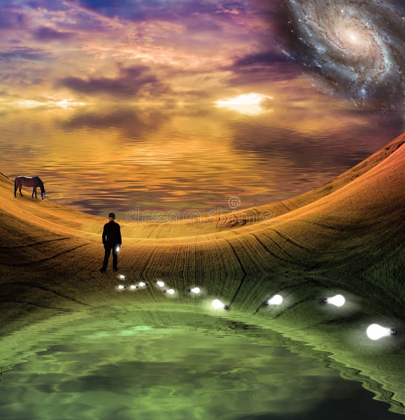 Man with light bulbs and surreal landscape. Grass night sky background illustrations