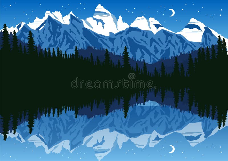 Lake near the pine forest in mountains under the night sky