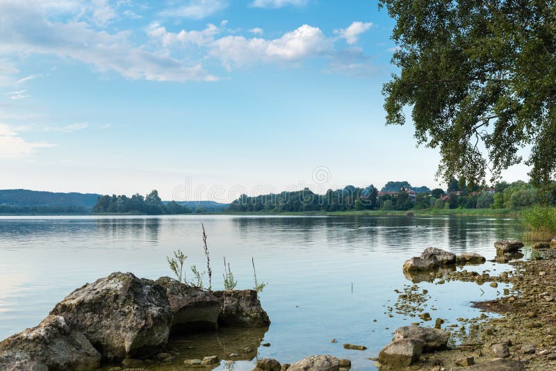 Lake in northern Italy. Varese Lake with Virginia islet, Biandronno. Unesco site