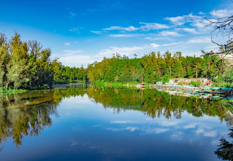 Lake pristine with green forest water reflection and bright blue sky at morning image is taken at ooty lake tamilnadu south india. it is showing the beautiful landscape of south india