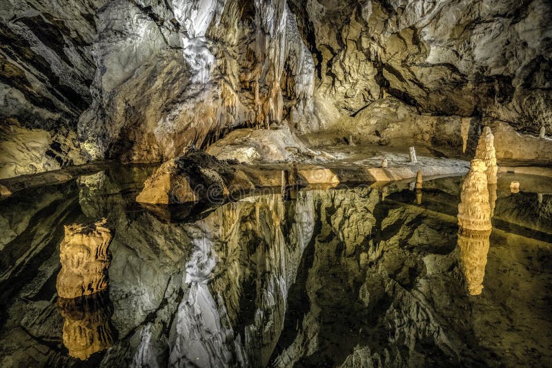 Lake and stalactites and stalagmites in Belianska cave in Slovakia