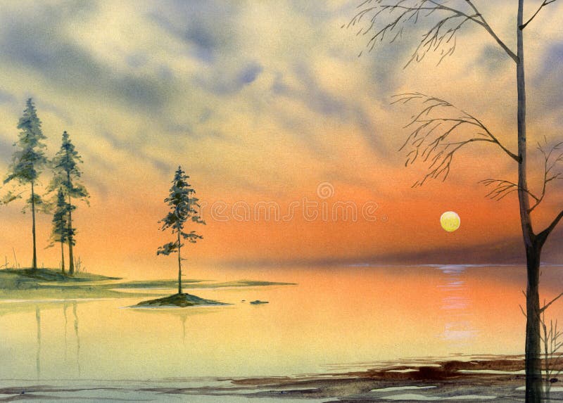 Picture of the evening the lake with several pine trees. Picture of the evening the lake with several pine trees