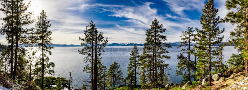 Lake Tahoe shoreline on a beautiful winter day, Sierra Nevada mountains