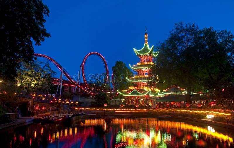 Lake side and Japanese tower in Tivoli Gardens. Lake side and Japanese tower in Tivoli Gardens