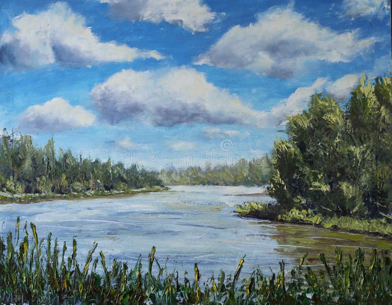 Lake of the Woods, Trees, Clouds, Oil Painting Stock Photo - Image of ...