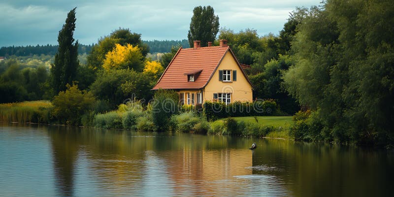 Lakeside Cottage Rural Home Scene View stock illustratie