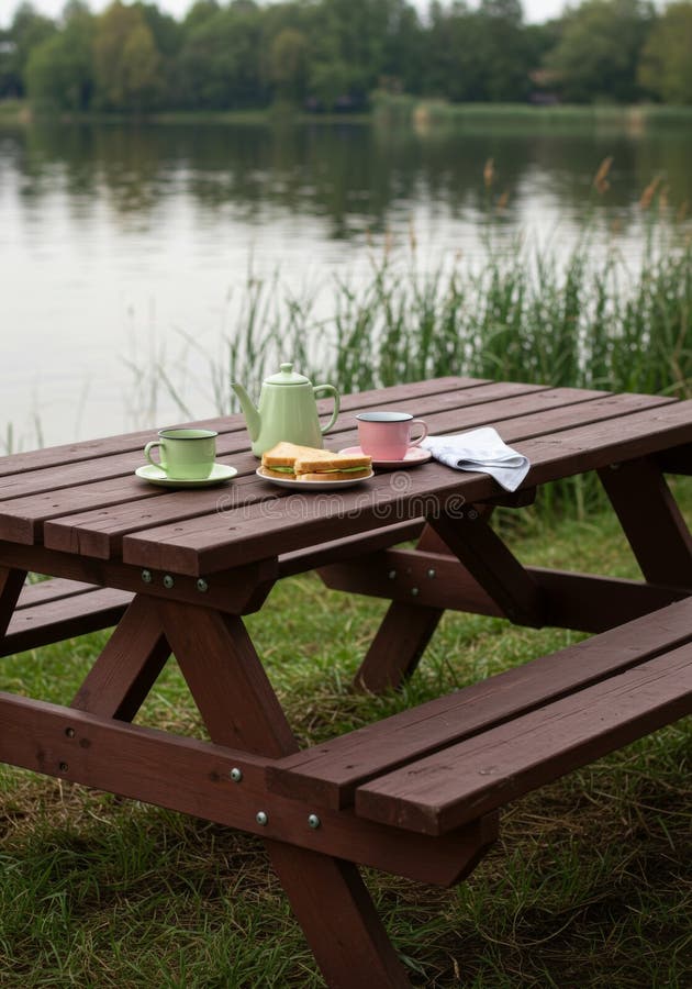 Lakeside Picnic: Tea and Sandwiches on a Brown Wooden Table stock illustration